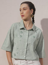 Women's Green Ethnic Printed Regular Fit Three Quarter Sleeves Shirt