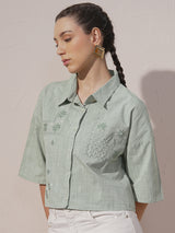 Women's Green Ethnic Printed Regular Fit Three Quarter Sleeves Shirt