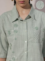 Women's Green Ethnic Printed Regular Fit Three Quarter Sleeves Shirt