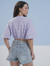 Women's Lavender Ethnic Printed Regular Fit Half Sleeves Top