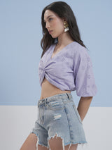 Women's Lavender Ethnic Printed Regular Fit Half Sleeves Top