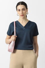 Women's Navy Solid Formal V-Neck Top