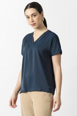 Women's Navy Solid Formal V-Neck Top