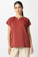 Women's Red Solid Formal Slit Neck Top