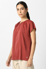 Women's Red Solid Formal Slit Neck Top