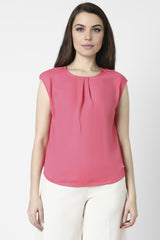 Women's Pink Solid Formal Round Neck Top