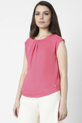 Women's Pink Solid Formal Round Neck Top