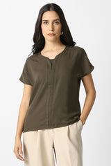 Women's Brown Solid Formal Stylized Neck Top