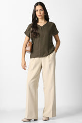 Women's Brown Solid Formal Stylized Neck Top