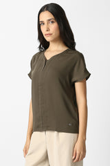 Women's Brown Solid Formal Stylized Neck Top