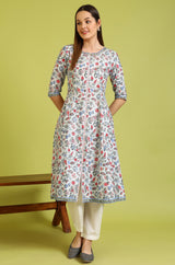 Women's Floral Glitter Printed Cotton Flared Kurta
