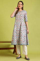 Women's Floral Glitter Printed Cotton Flared Kurta