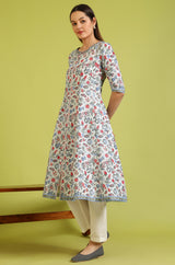 Women's Floral Glitter Printed Cotton Flared Kurta