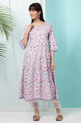 Women's Floral Glitter Printed Cotton Anarkali Kurta