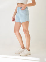 Women's Light Blue Casual Slim Fit Solid Shorts