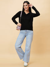 Women's Black Shiny V-Neck Ribbed Hem Sweater