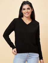 Women's Black Shiny V-Neck Ribbed Hem Sweater