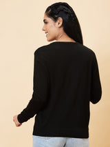 Women's Black Shiny V-Neck Ribbed Hem Sweater