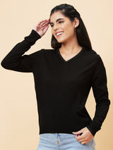 Women's Black Shiny V-Neck Ribbed Hem Sweater