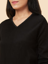 Women's Black Shiny V-Neck Ribbed Hem Sweater