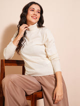 Women's Off White Solid Turtle Neck Pullover Sweater