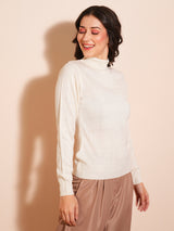 Women's Off White Solid Turtle Neck Pullover Sweater