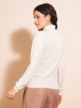 Women's Off White Solid Turtle Neck Pullover Sweater