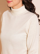 Women's Off White Solid Turtle Neck Pullover Sweater