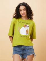 Women's Green Drop Shoulder Graphic Printed Oversized Crop Tshirt