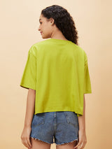 Women's Green Drop Shoulder Graphic Printed Oversized Crop Tshirt
