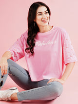 Women's Pink Typography Printed Drop-Shoulder Sleeves Boxy Tshirt