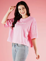 Women's Pink Typography Printed Drop-Shoulder Sleeves Boxy Tshirt