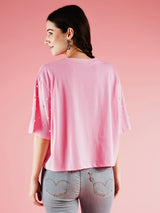 Women's Pink Typography Printed Drop-Shoulder Sleeves Boxy Tshirt