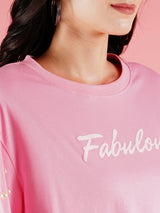 Women's Pink Typography Printed Drop-Shoulder Sleeves Boxy Tshirt