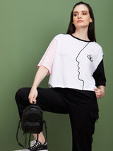 Women's White Graphic Printed Boxy Fit Tshirt