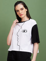 Women's White Graphic Printed Boxy Fit Tshirt