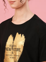 Women's Black Typography Printed Boxy Fit Tshirt