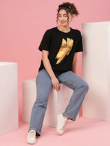 Women's Black Typography Printed Boxy Fit Tshirt
