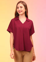 Women's Maroon Collar V-Neck Workwear Shirt Style Top