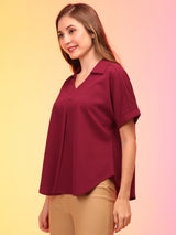 Women's Maroon Collar V-Neck Workwear Shirt Style Top