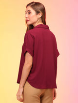 Women's Maroon Collar V-Neck Workwear Shirt Style Top
