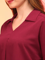 Women's Maroon Collar V-Neck Workwear Shirt Style Top