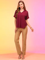 Women's Maroon Collar V-Neck Workwear Shirt Style Top
