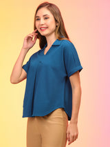 Women's Blue Collar V-Neck Workwear Shirt Style Top