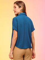 Women's Blue Collar V-Neck Workwear Shirt Style Top