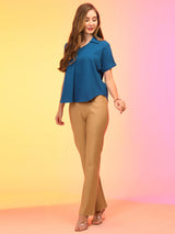 Women's Blue Collar V-Neck Workwear Shirt Style Top