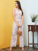 Women's Patch Printed Styled-Back Crop Top and Palazzos Co-Ord Set
