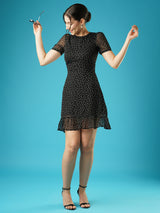 Women's Polka Dots Round Neck Short Puffed Sleeves Fit and Flare Mini Party Dress