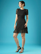 Women's Polka Dots Round Neck Short Puffed Sleeves Fit and Flare Mini Party Dress