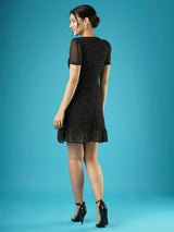 Women's Polka Dots Round Neck Short Puffed Sleeves Fit and Flare Mini Party Dress